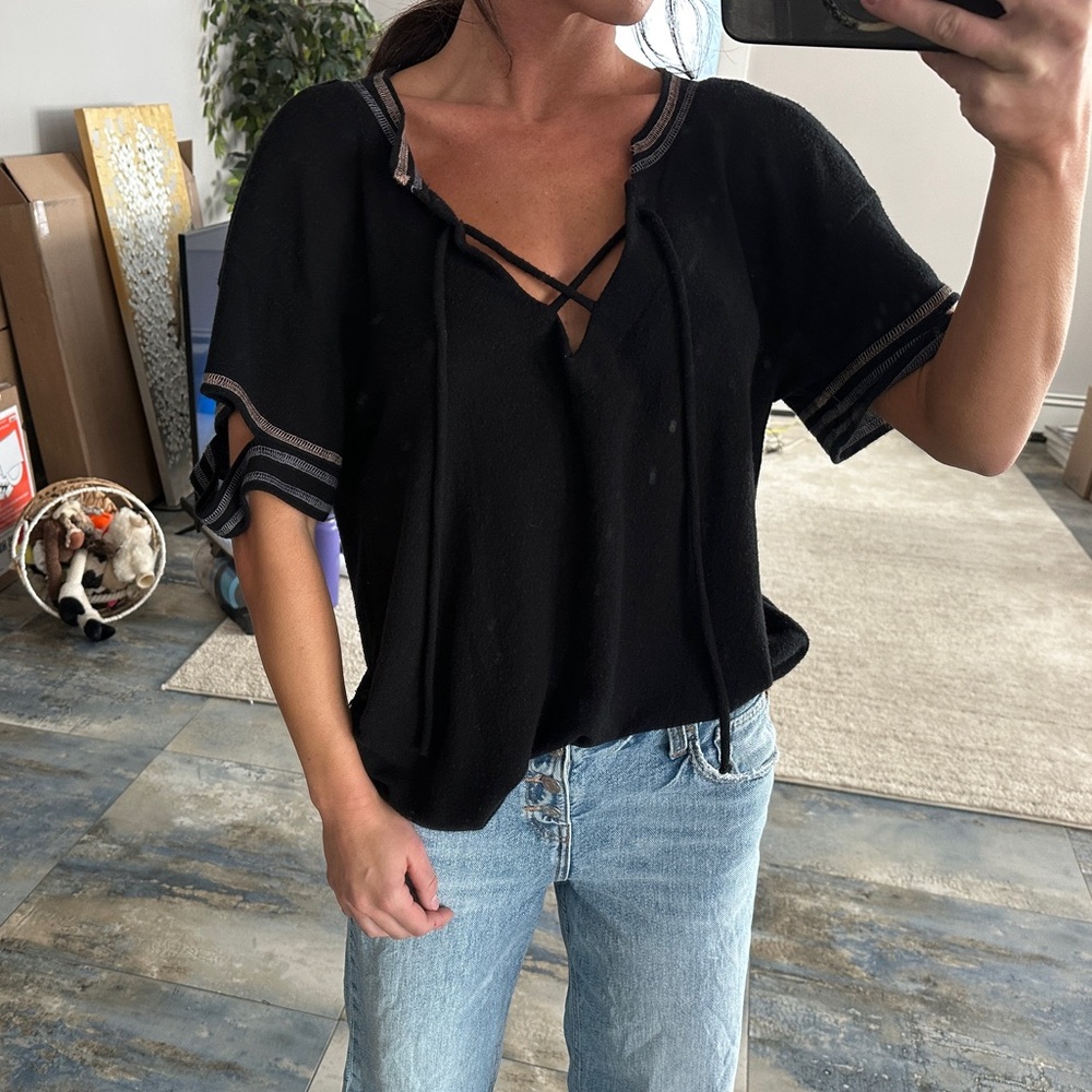 McGuire Denim Black Short Sleeve Tee with Crisscross Detail